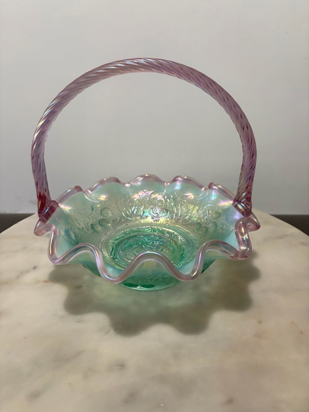 Fenton Iridescent Pink Green Glass Ruffled Basket with Pink Handle 8”